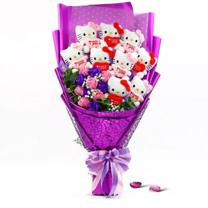Kawaii Kitty Bouquet with Plush and Flowers