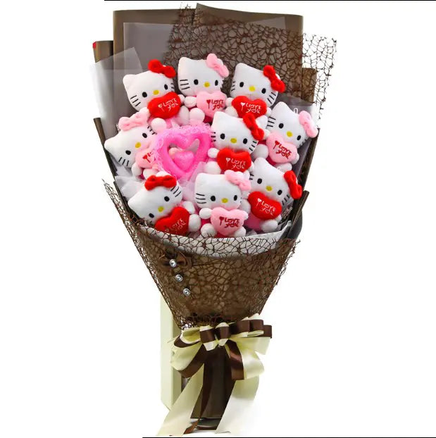 Kawaii Kitty Bouquet with Plush and Flowers