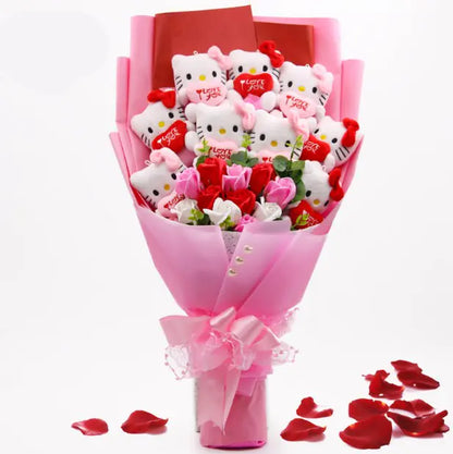 Kawaii Kitty Bouquet with Plush and Flowers