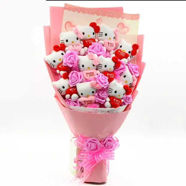 Kawaii Kitty Bouquet with Plush and Flowers