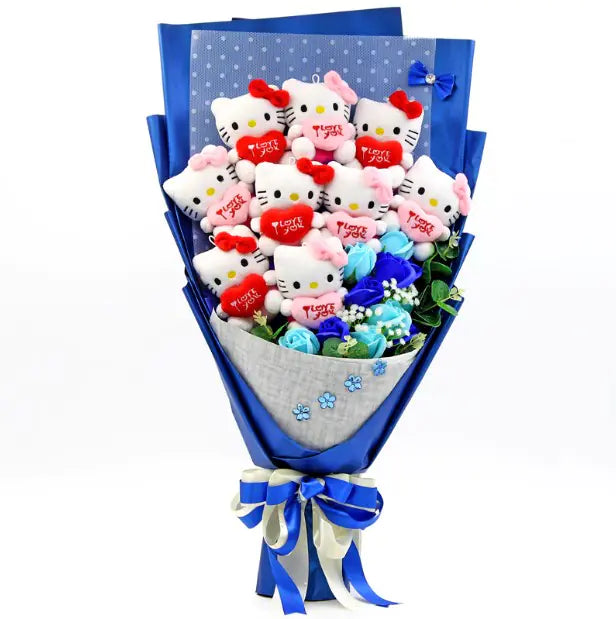 Kawaii Kitty Bouquet with Plush and Flowers
